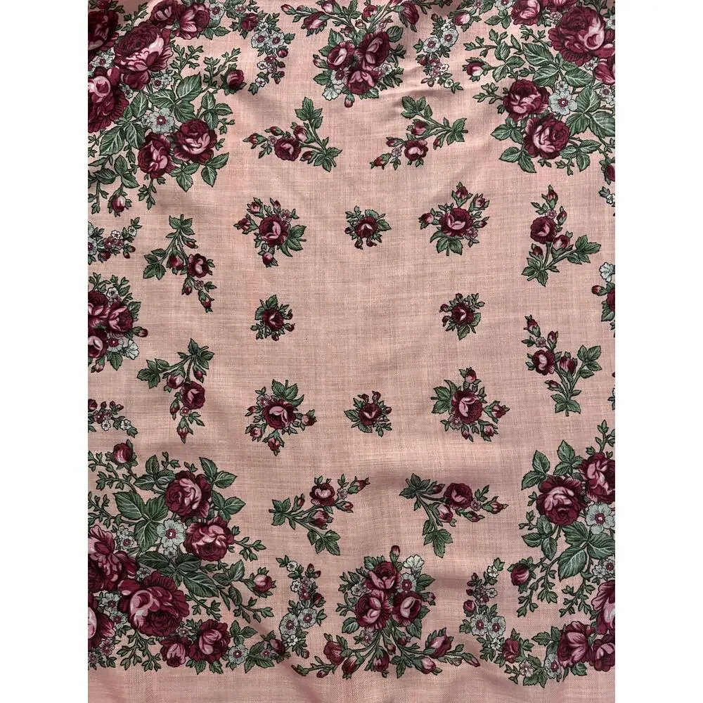 Vintage Kashmir Woole Floral Fringe Scarf - Pink Rose Square Wrap Bohemian Style